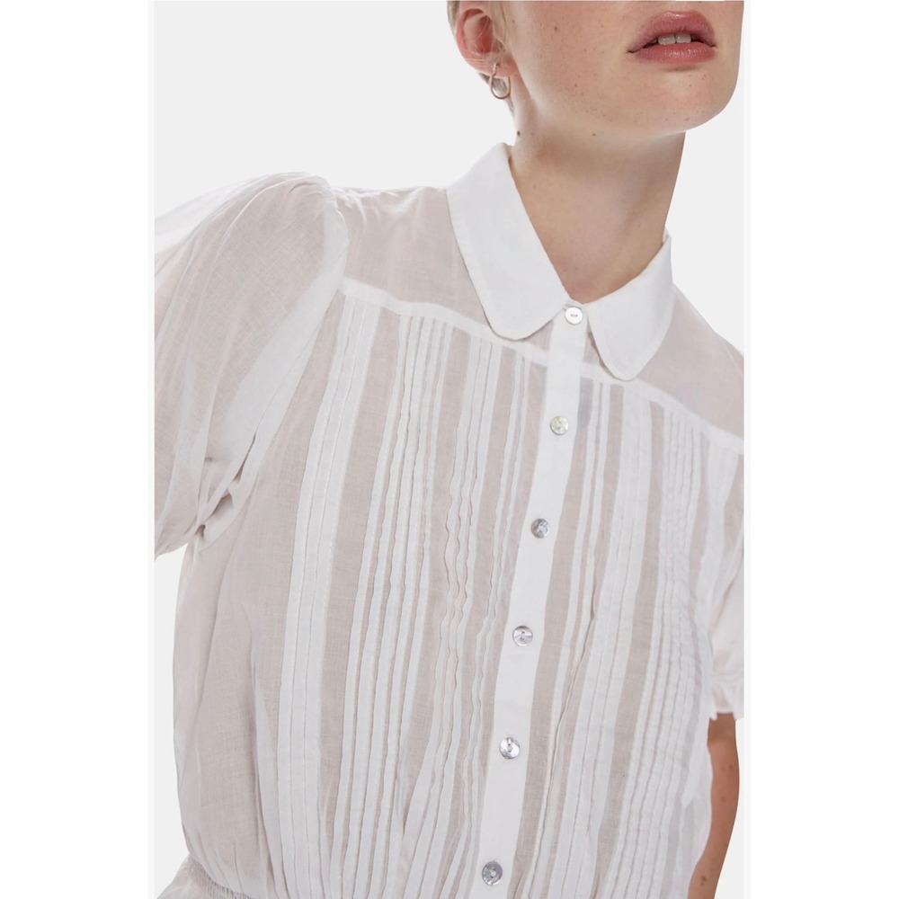 MOTHER Pins & Needles Cotton Button-Up Top L White Pintuck Smocked Victorian - Picture 3 of 13